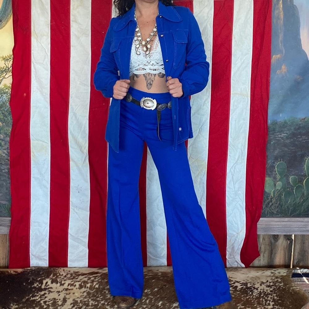 Vintage 70s Royal Blue button down and Bellbottoms - Picture 3 of 9